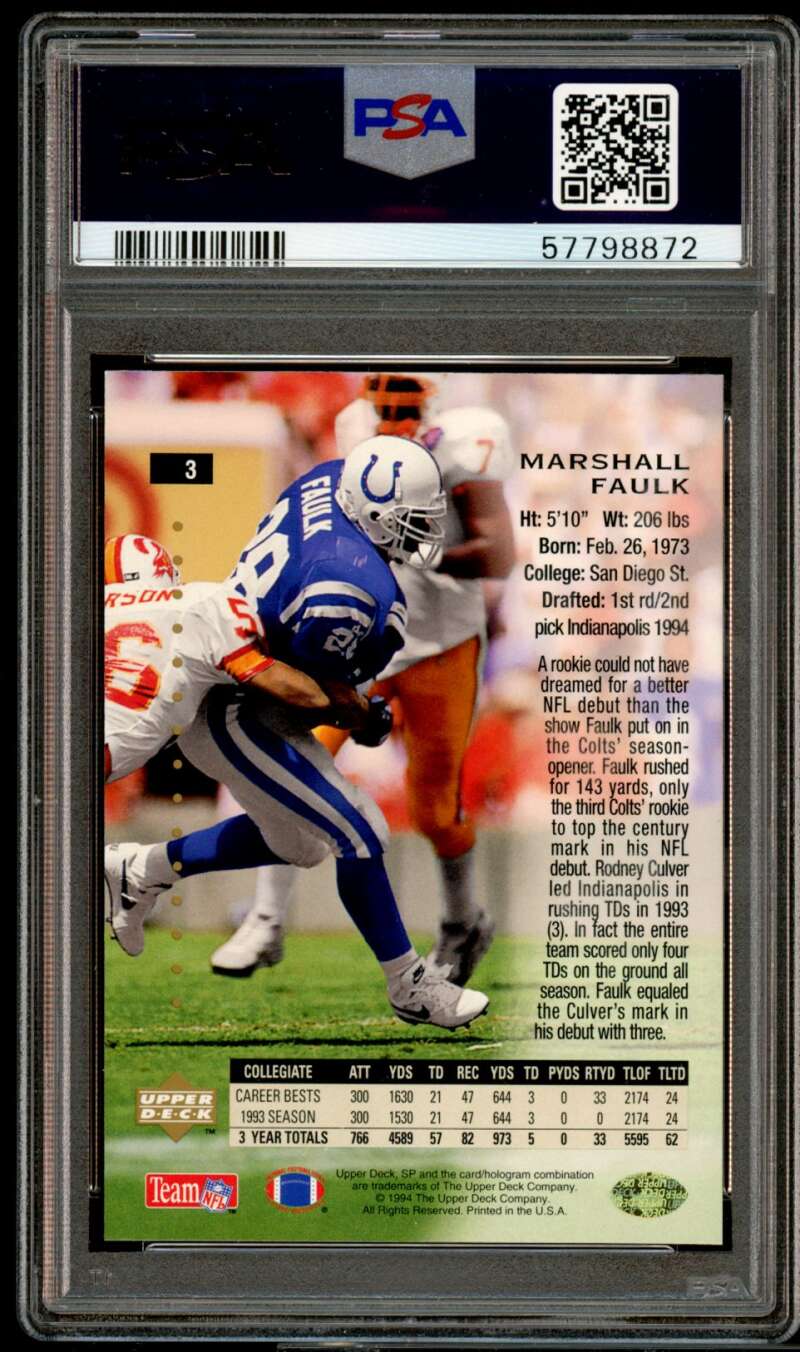 Marshall Faulk Rookie Card 1994 SP #3 PSA 9 Image 2