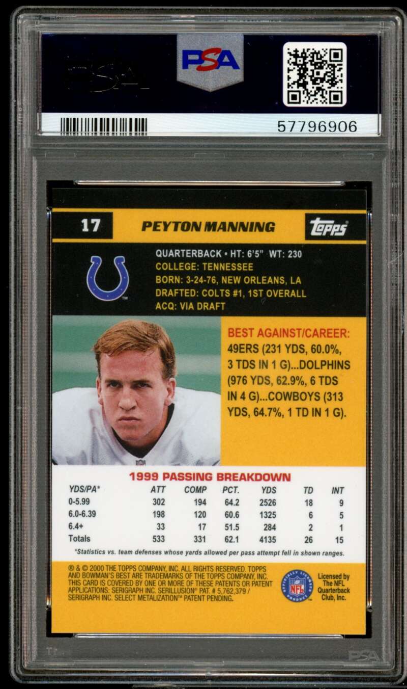 Peyton Manning Card 2000 Bowman's Best #17 PSA 10 Image 2