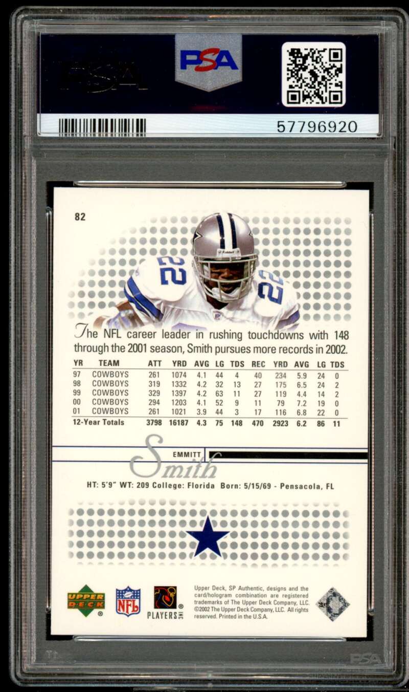 Emmitt Smith Card 2002 SP Authentic #82 PSA 10 Image 2