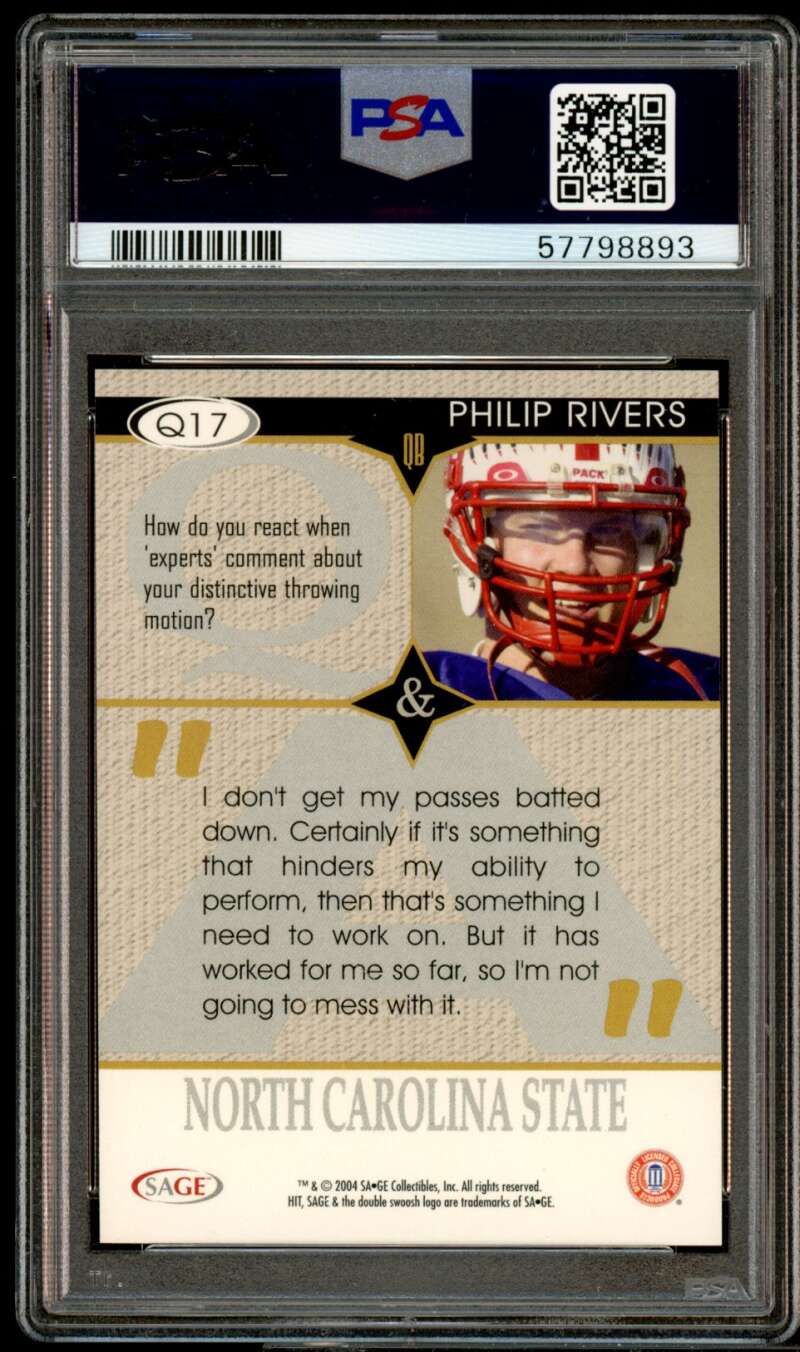 Philip Rivers Rookie Card 2004 SAGE HIT Q&amp;A Emerald #Q17 PSA 10 Image 2