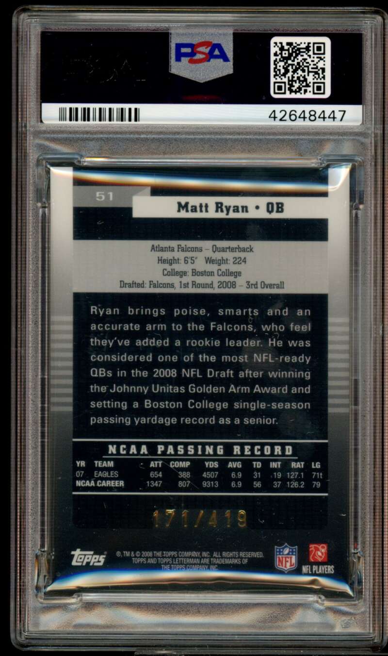 Matt Ryan Rookie Card 2008 Topps Letterman #51 PSA 10 Image 2