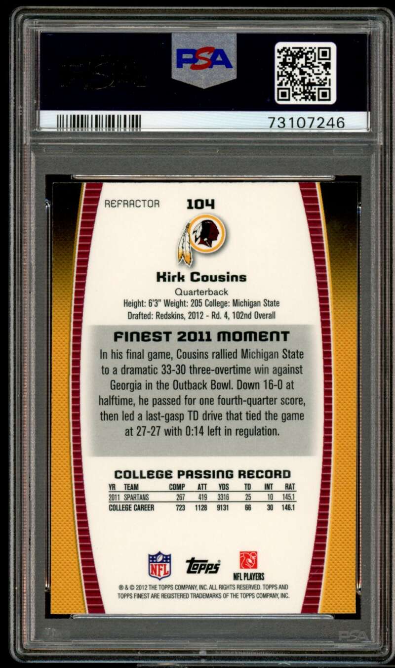 Kirk Cousins Rookie Card 2012 Finest Prism Refractor #104 PSA 9 Image 2