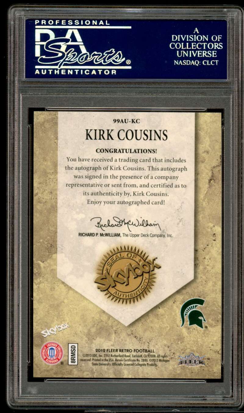 Kirk Cousins Rookie Card 2012 Fleer Retro 1999 Autographics #KC PSA 10 Image 2