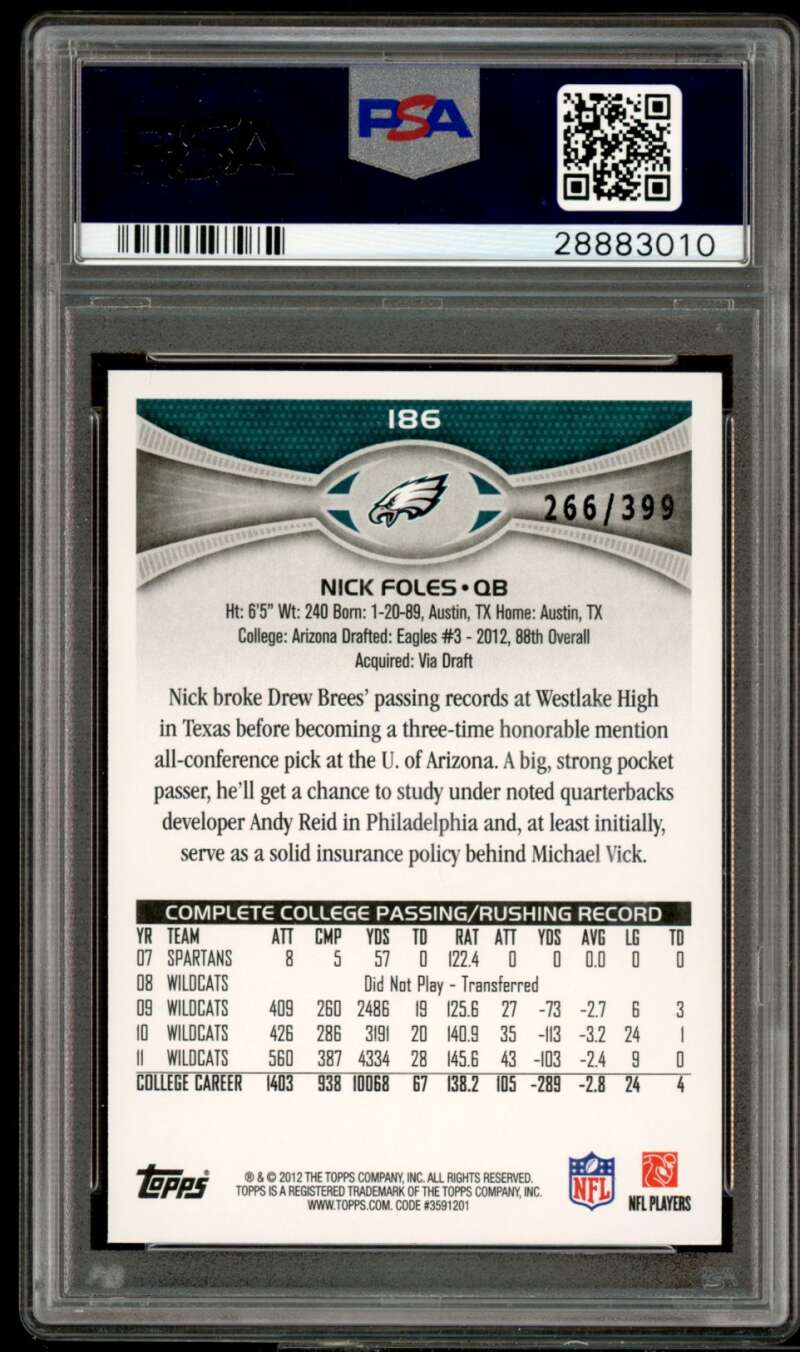 Nick Foles Rookie Card 2012 Topps Pink #186 PSA 9 Image 2