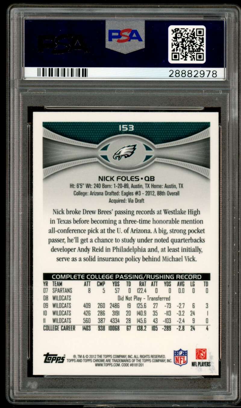 Nick Foles Rookie Card 2012 Topps Chrome #153 PSA 10 Image 2