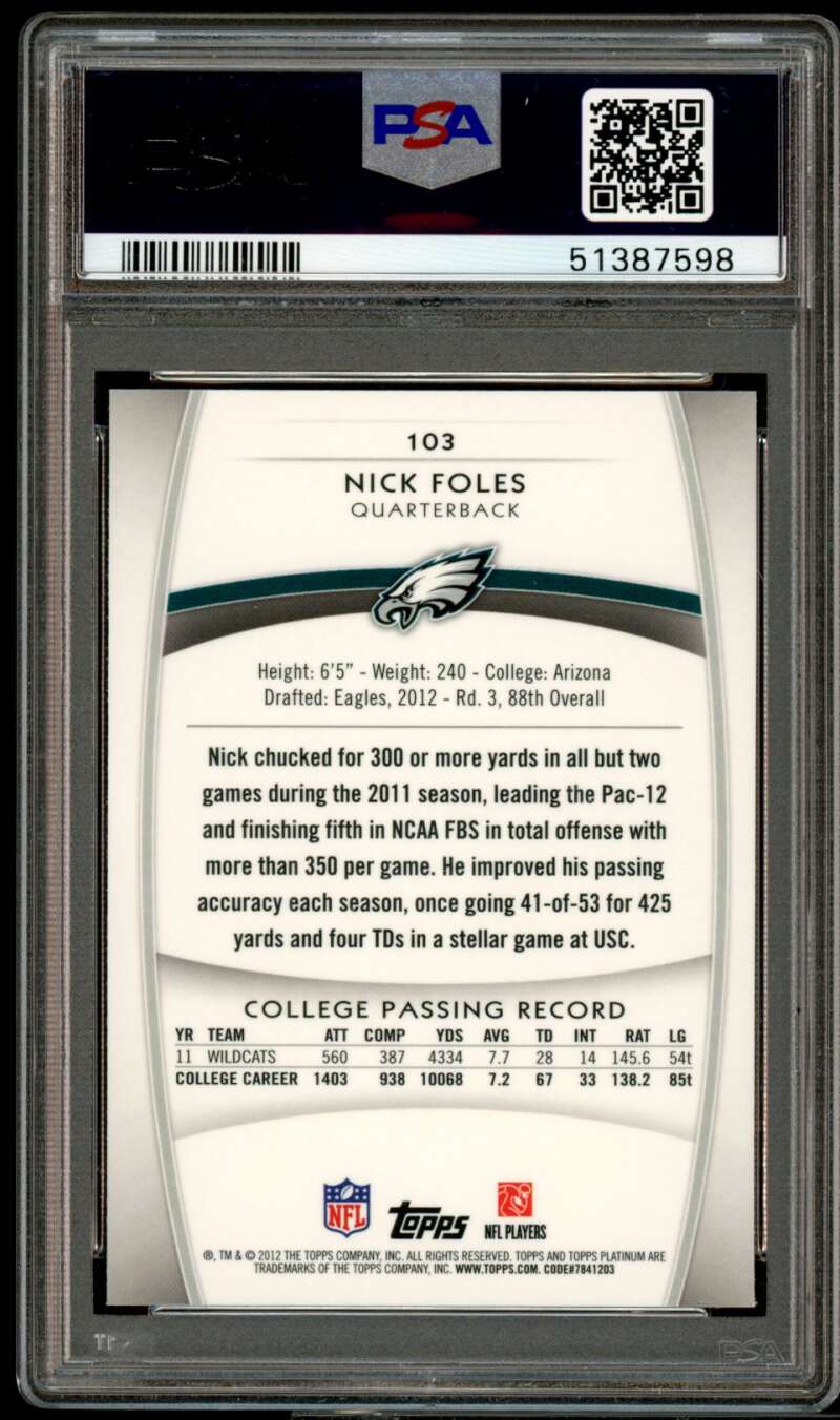 Nick Foles Rookie Card 2012 Topps Platinum Xfractor #103 PSA 9 Image 2