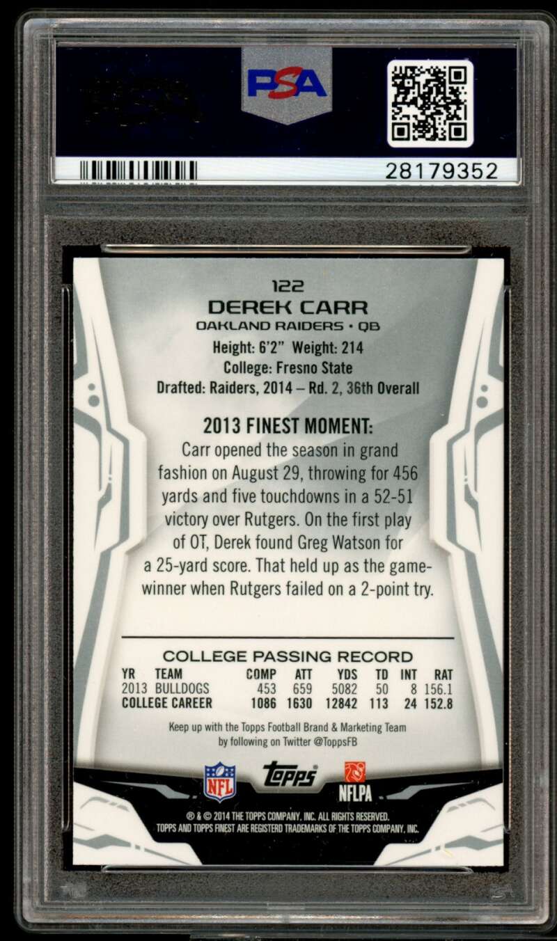 Derek Carr Rookie Card 2014 Finest Xfractor #122 PSA 10 Image 2