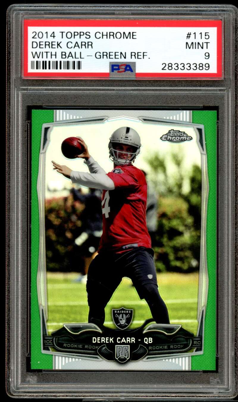 Derek Carr Rookie Card 2014 Topps Chrome Green Refractor #115 PSA 9 Image 1