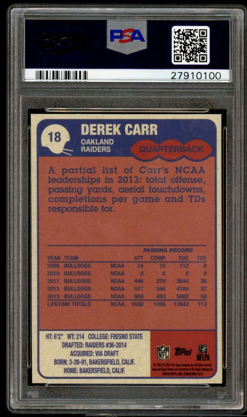 Derek Carr Rookie Card 2014 Topps Chrome 1985 #18 PSA 10 Image 2