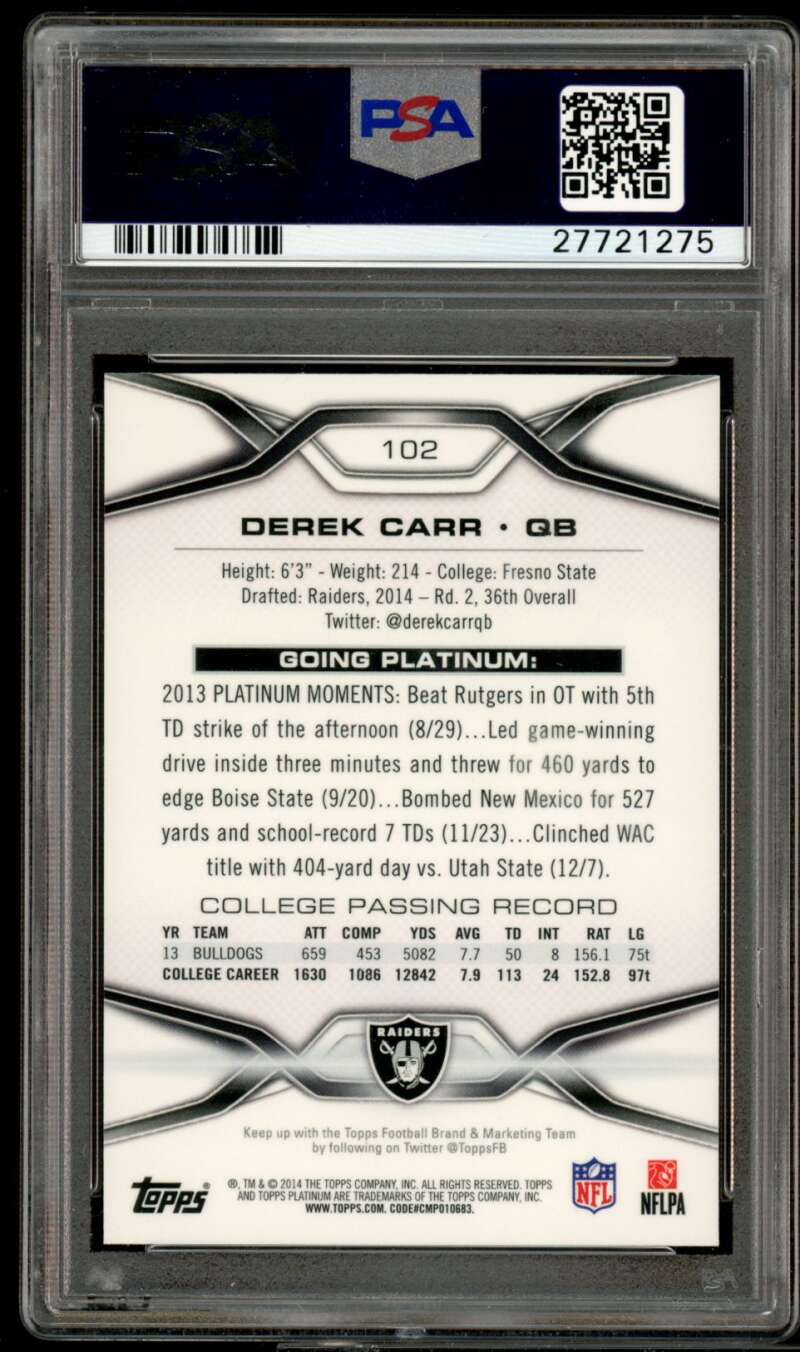 Derek Carr Rookie Card 2014 Topps Platinum Xfractor #102 PSA 9 Image 2