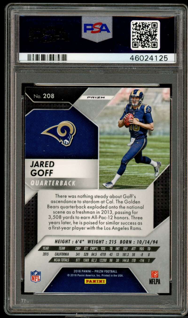 Jared Goff Rookie Card 2016 Panini Prizm Prizm #208 PSA 9 Image 2