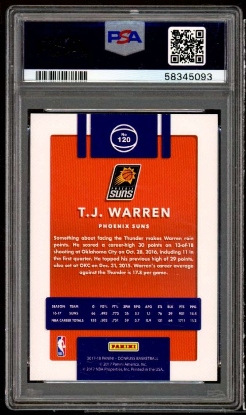 T.J. Warren Rookie Card 2017-18 Donruss Press Proof Silver #120 (pop 1) PSA 9 Image 2