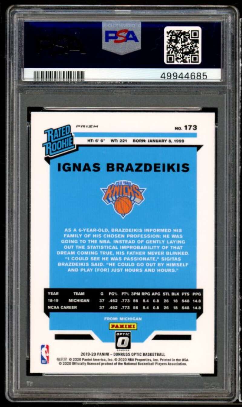 Ignas Brazdeikis Rookie 2019-20 Panini Donruss Optic Fast Break Holo #173 PSA 10 Image 2