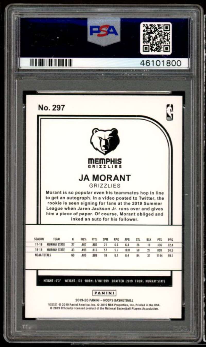 Ja Morant Rookie Card 2019-20 Panini Hoops Purple Winter #297 PSA 10 Image 2