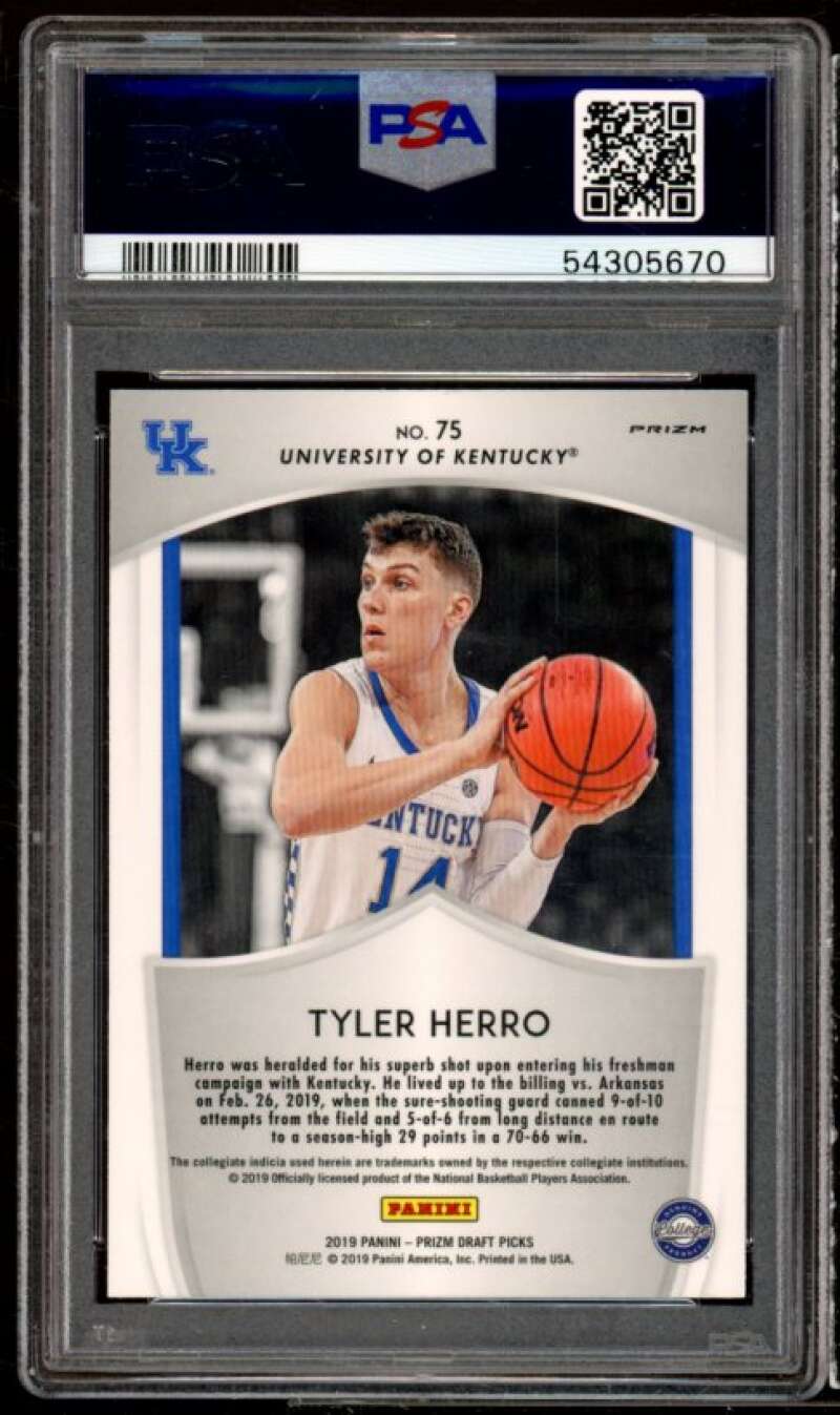 Tyler Herro Rookie Card 2019-20 Panini Prizm Draft Picks Blue Prizm #75 PSA 10 Image 2