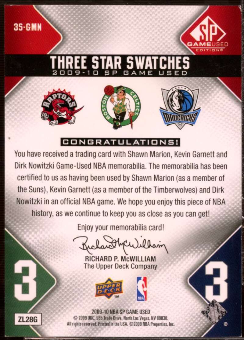 Kevin Garnett/Dirk Nowitzki/ Marion 2009-10 SP Game Used 3 Star Swatches #3SGMN  Image 2