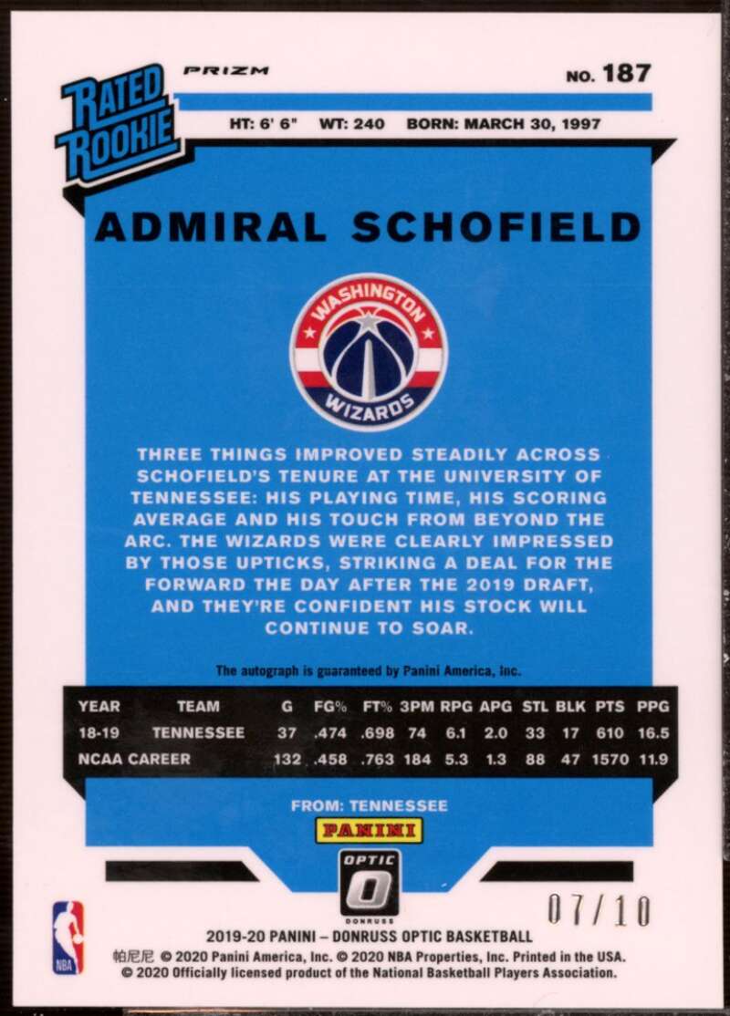 Admiral Schofield Card 2019-20 Donruss Optic Rated Rookies Signatures Gold #187  Image 2