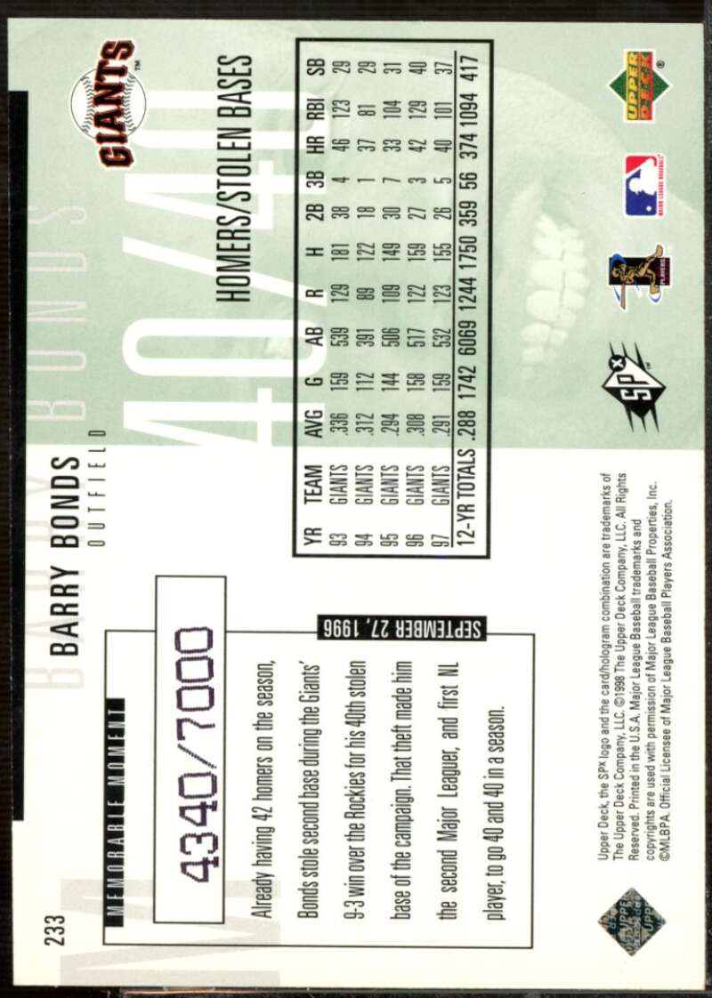 Barry Bonds PP Card 1998 SPx Finite #233  Image 2
