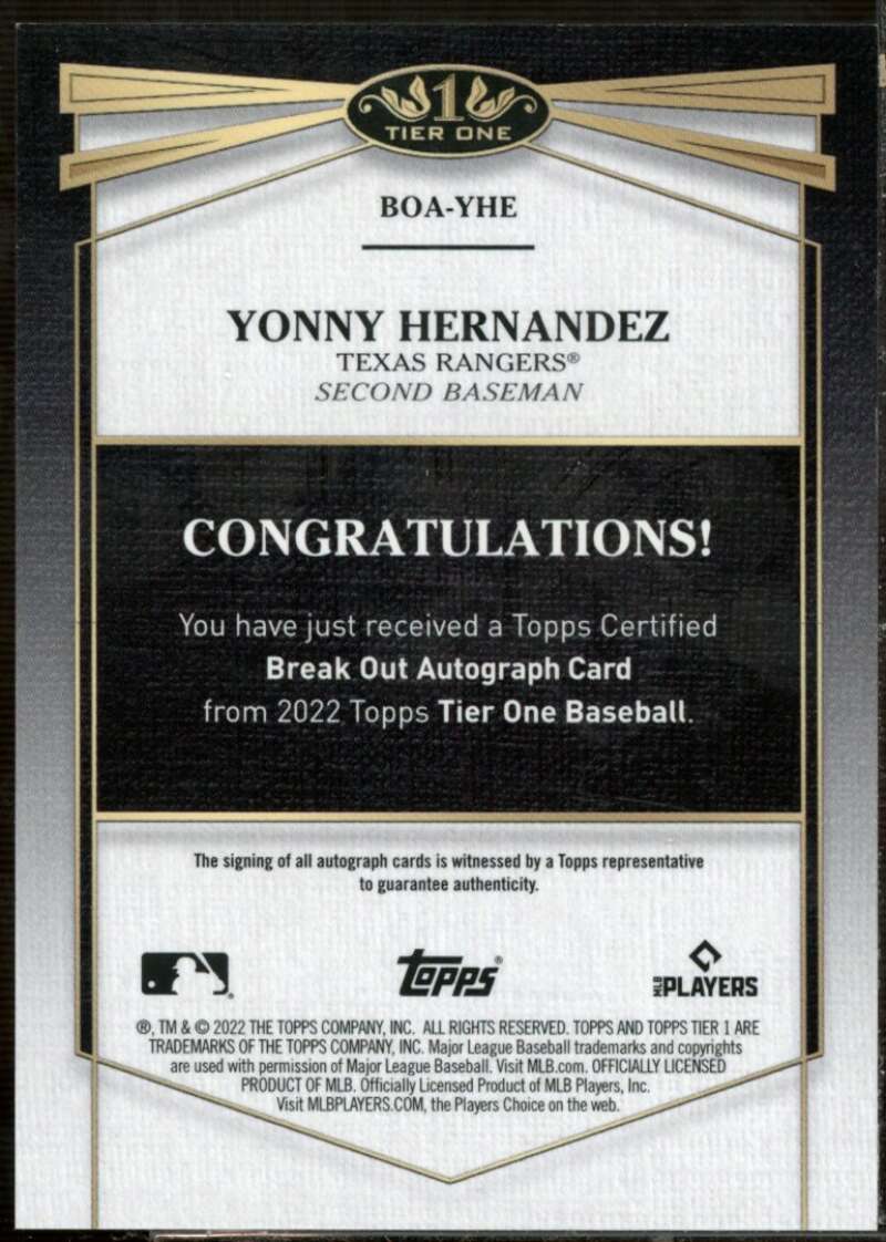 Yonny Hernandez Rookie Card 2022 Topps Tier One Break Out Autographs #BOAYHE  Image 2