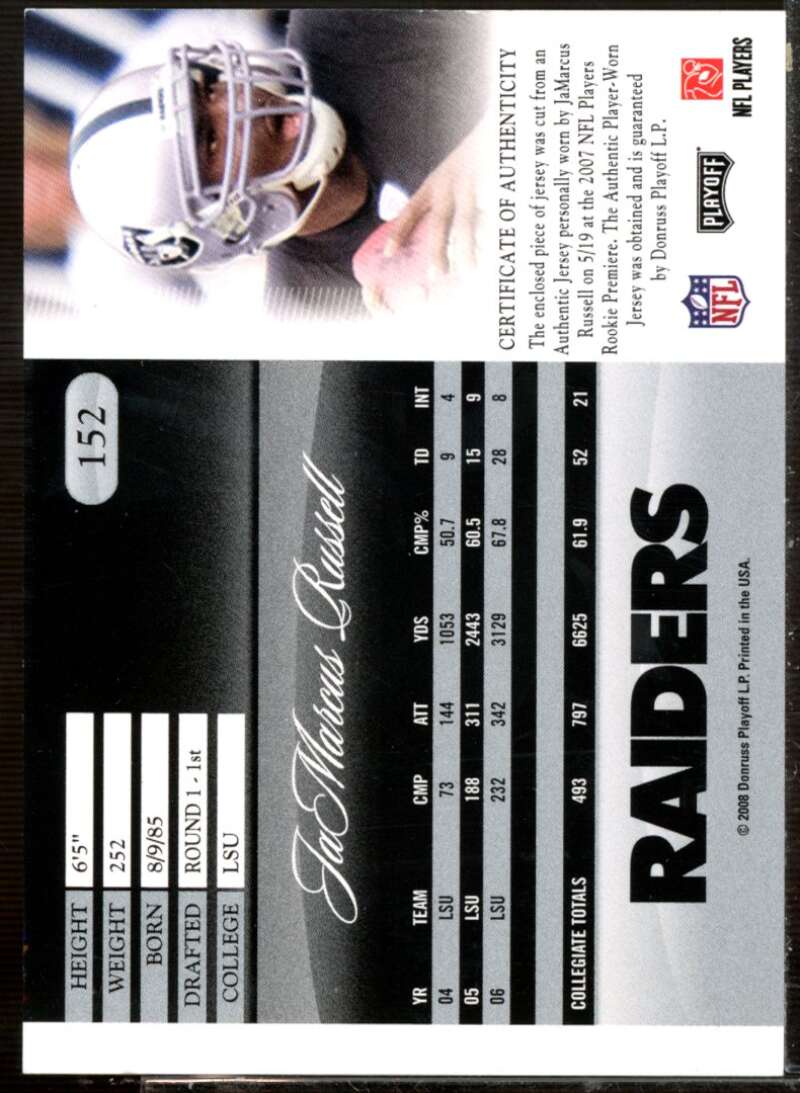 JaMarcus Russell Card 2008 Playoff Prestige Rookie Review Materials #152  Image 2