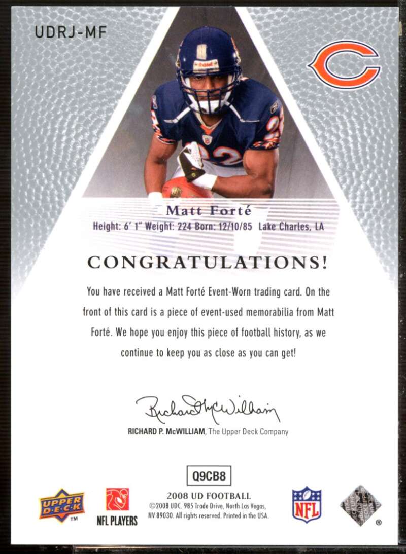 Matt Forte Rookie Card 2008 Upper Deck Rookie Jerseys #UDRJMF  Image 2