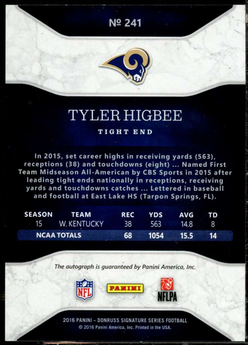 Tyler Higbee Rookie Card 2016 Donruss Signature Series #241  Image 2