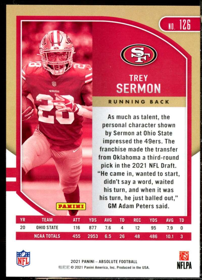 Trey Sermon Card 2021 Absolute Spectrum Red #126  Image 2