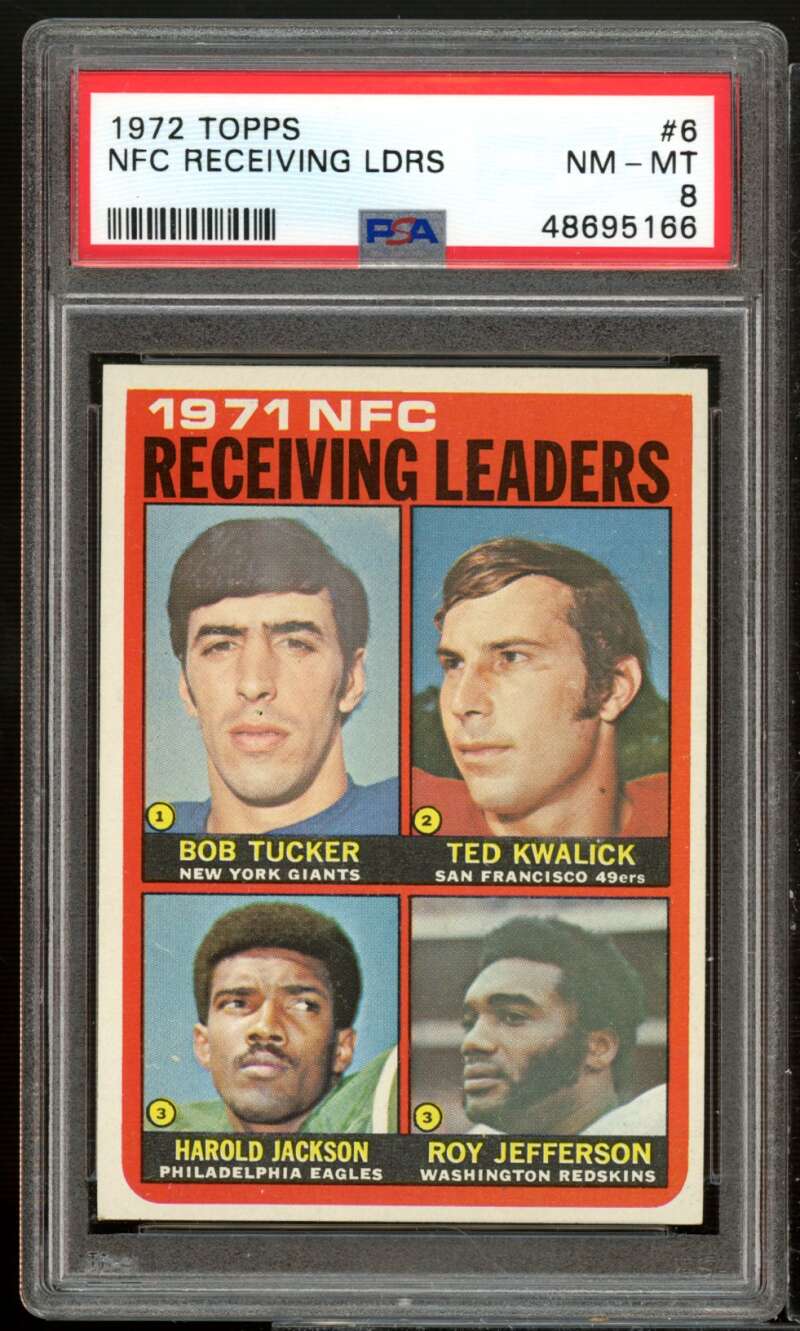 NFL Receiving Leaders Card Tucker/Kwalick/Jackson/Jefferson 1972 Topps #6 PSA 8 Image 1