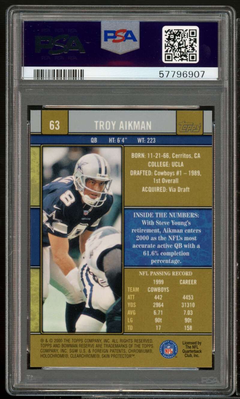 Troy Aikman Card 2000 Bowman Reserve #63 PSA 10 Image 2