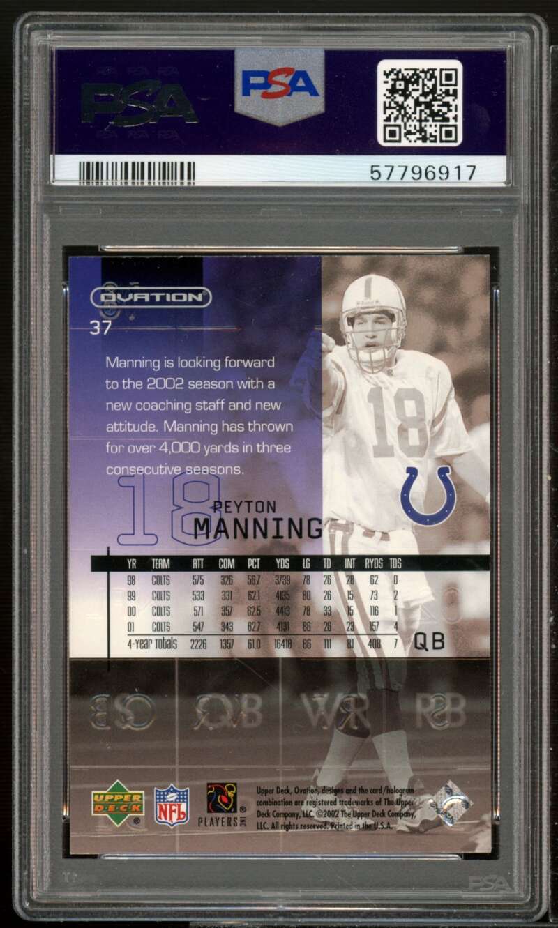 Peyton Manning Card 2002 Upper Deck Ovation #37 (pop 4) PSA 10 Image 2