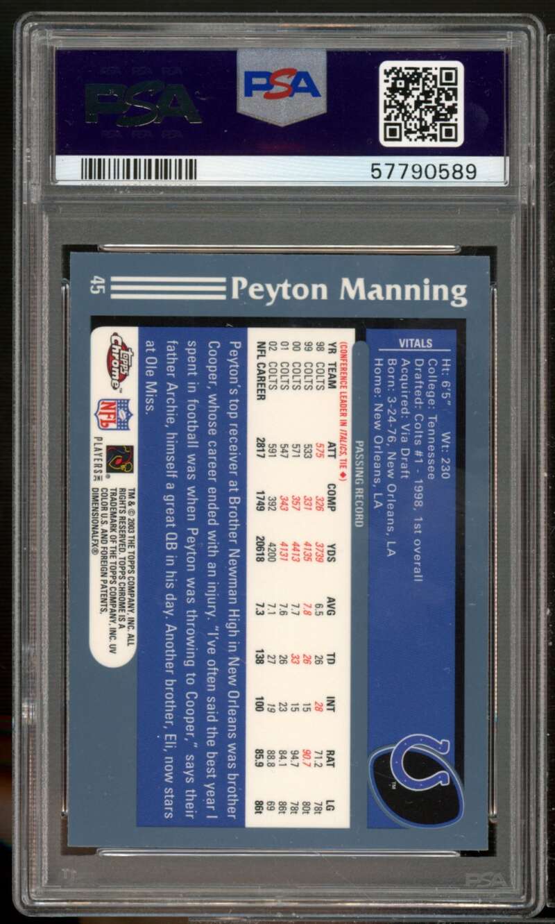 Peyton Manning Card 2003 Topps Chrome #45 PSA 9 Image 2