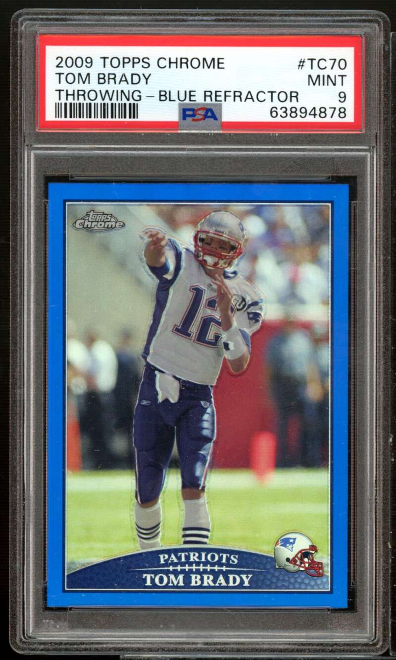 Tom Brady Card 2009 Topps Chrome Blue Refractors #TC70 PSA 9 Image 1