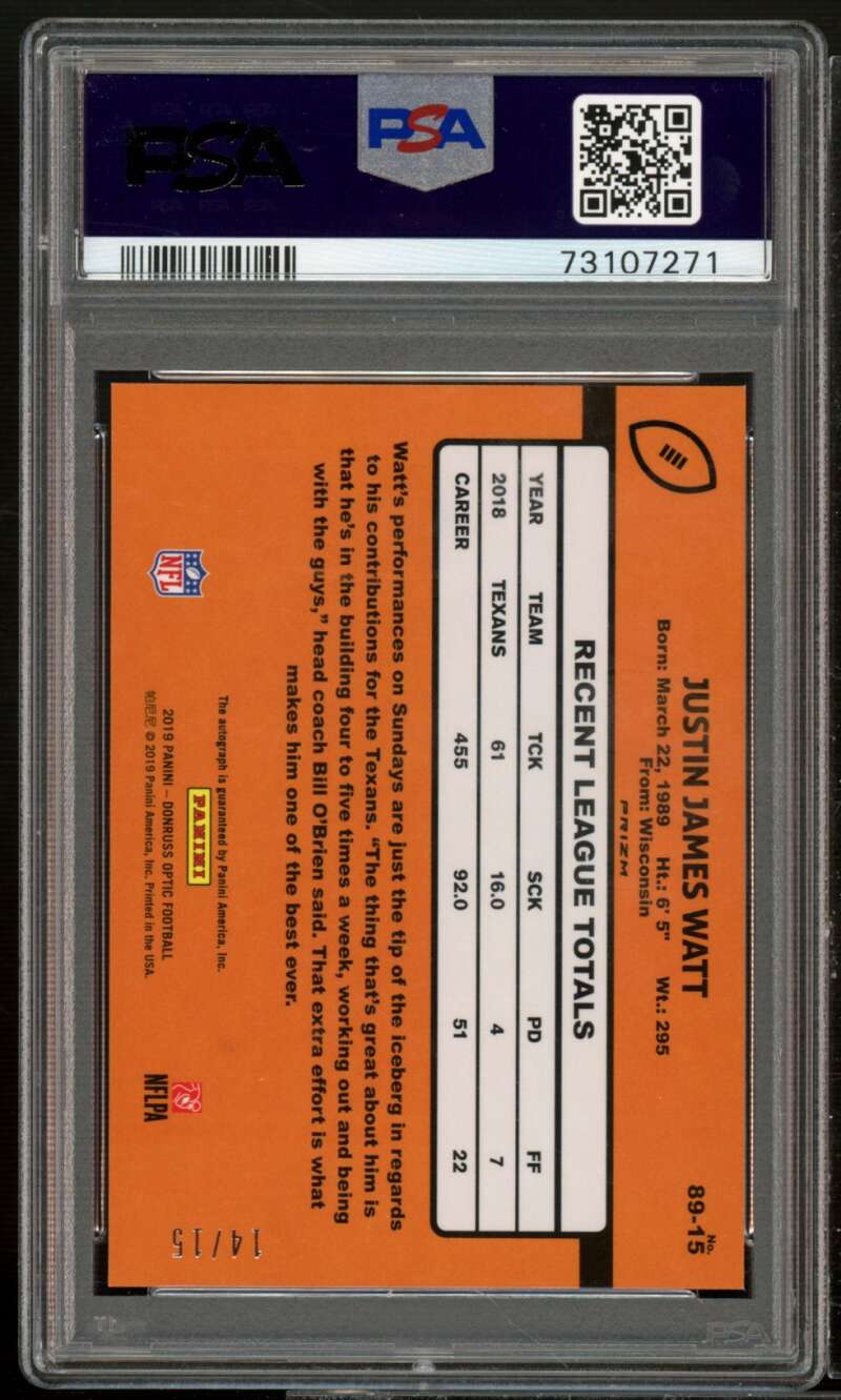 J.J. Watt 2019 Donruss Optic 1989 Tribute Autographs (14/15) #5 (pop 2) PSA 9 Image 2