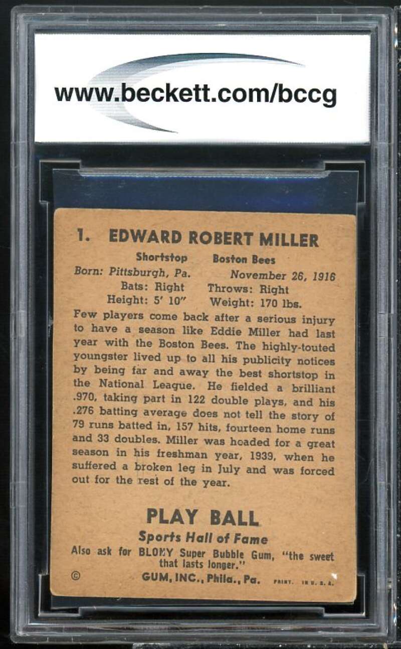 1941 Play Ball #1 Eddie Miller Card BGS BCCG 7 Very Good+ Image 2