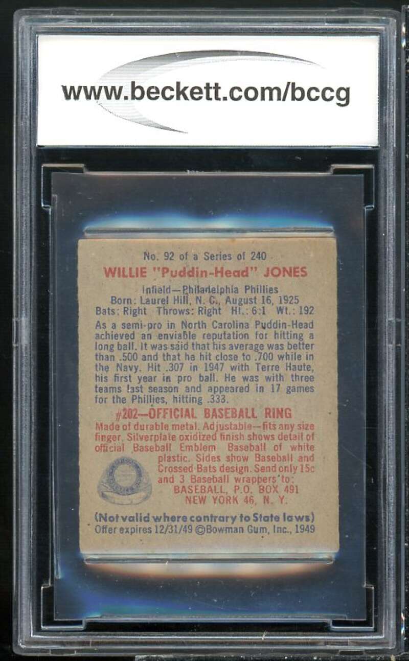 1949 Bowman #92 Willie Jones Card BGS BCCG 8 Excellent+ Image 2