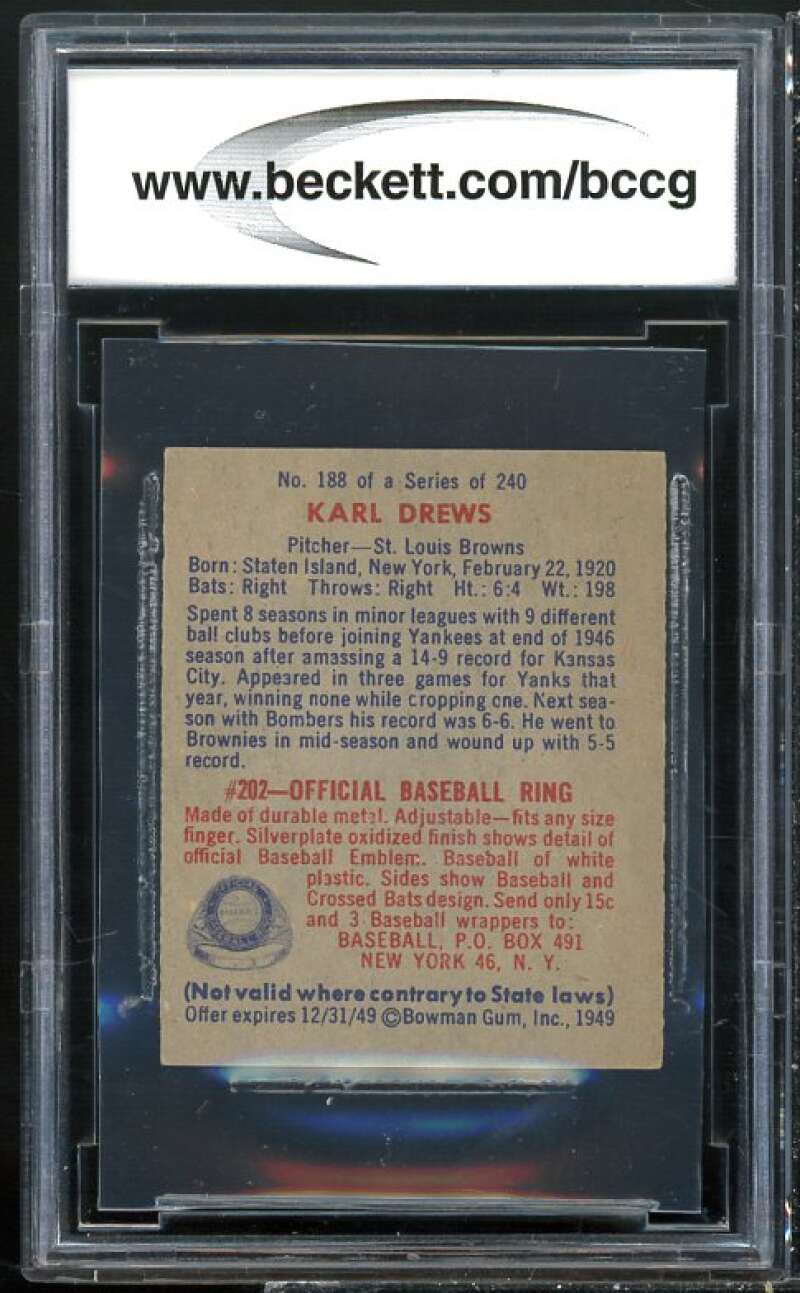 1949 Bowman #188 Karl Drews Card BGS BCCG 8 Excellent+ Image 2