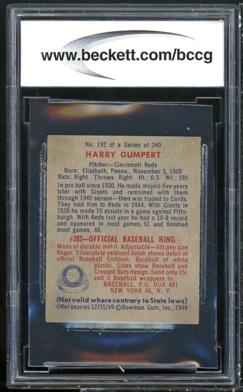 1949 Bowman #192 Harry Gumbert Card BGS BCCG 8 Excellent+ Image 2