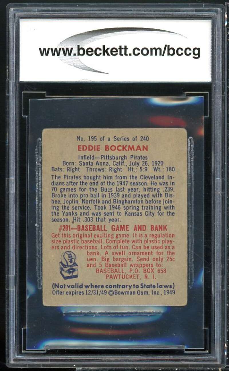 1949 Bowman #195 Eddie Bockman Card BGS BCCG 7 Very Good+ Image 2