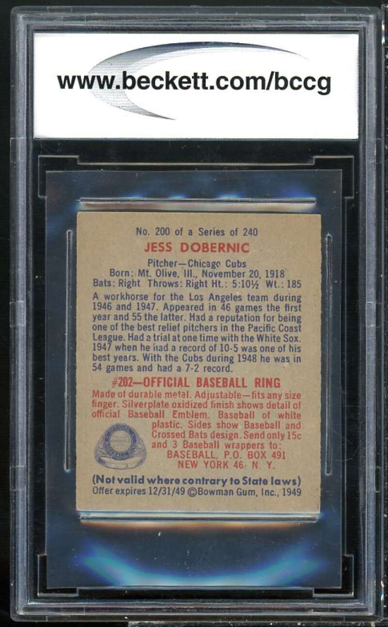 1949 Bowman #200 Jess Dobernic Card BGS BCCG 9 Near Mint+ Image 2