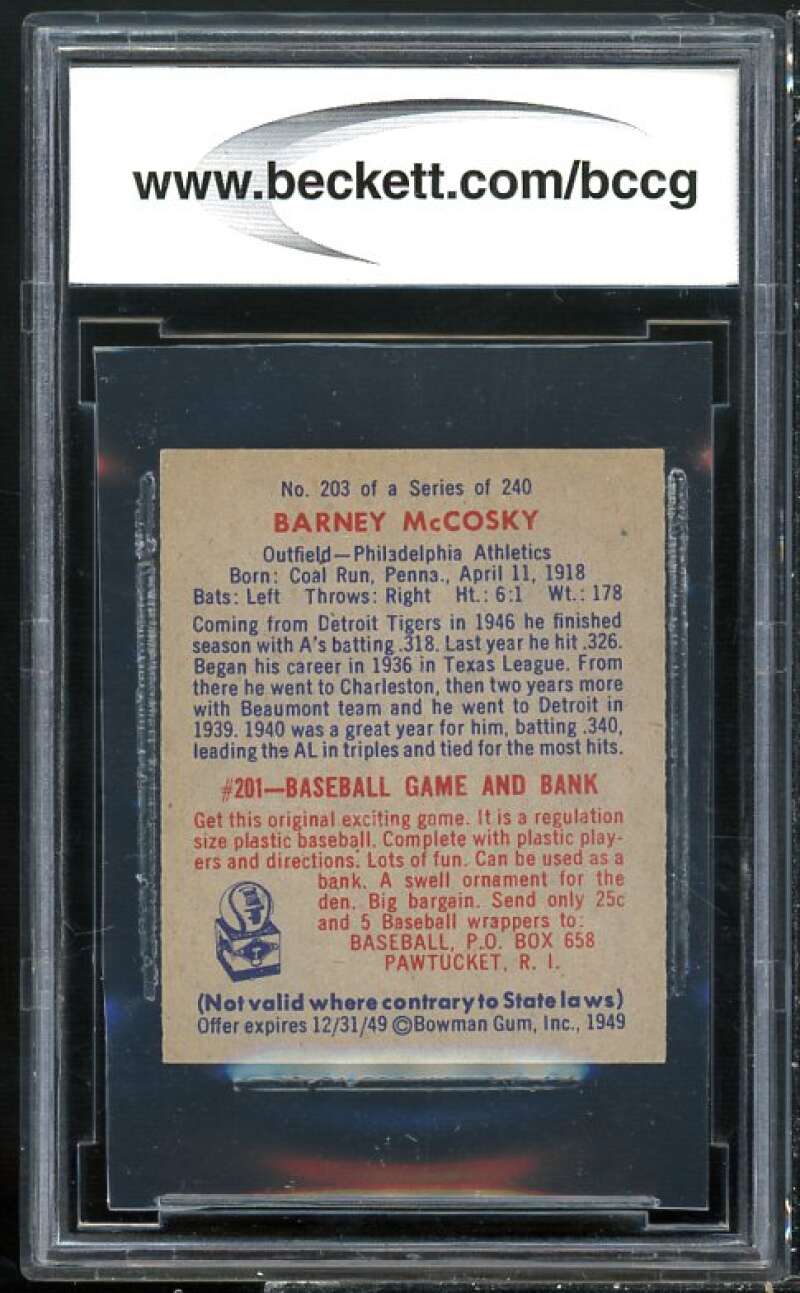 1949 Bowman #203 Barney McCosky Card BGS BCCG 9 Near Mint+ Image 2