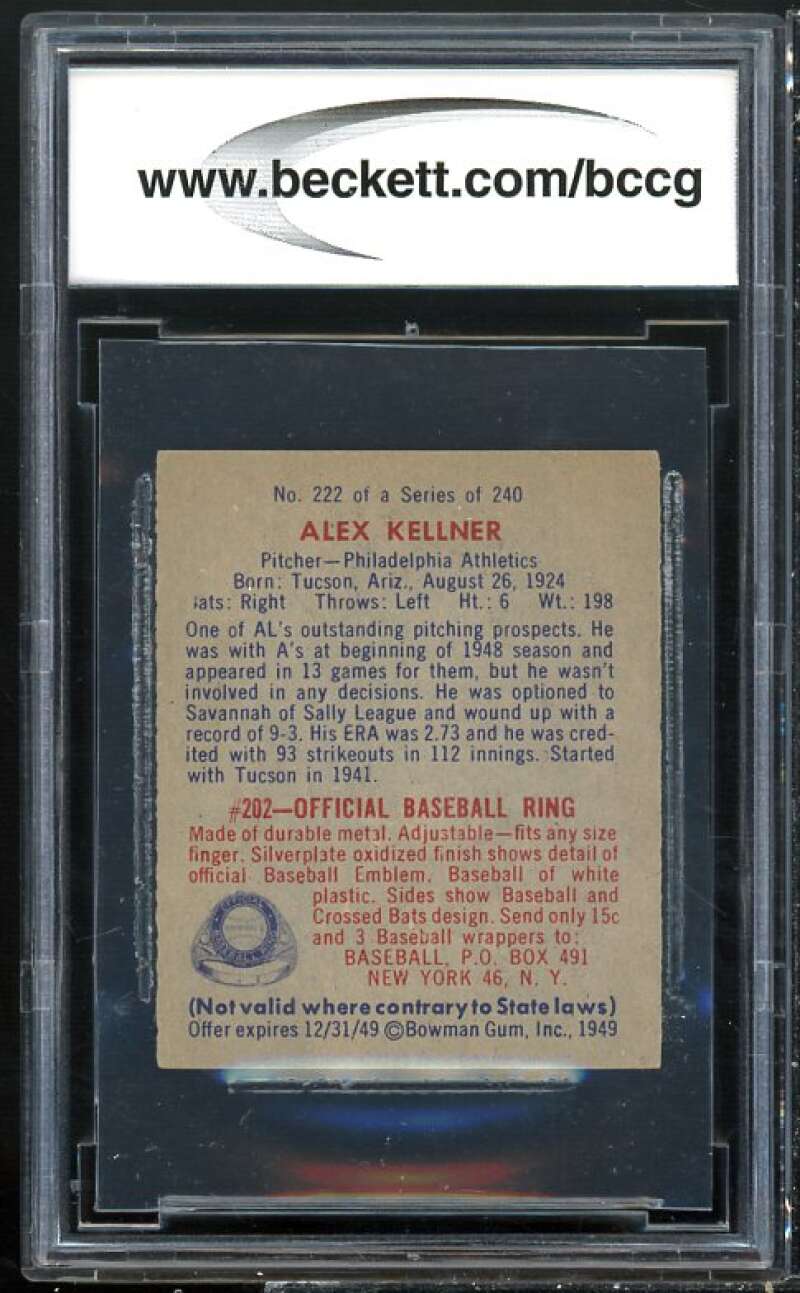 1949 Bowman #222 Alex Kellner Card BGS BCCG 8 Excellent+ Image 2