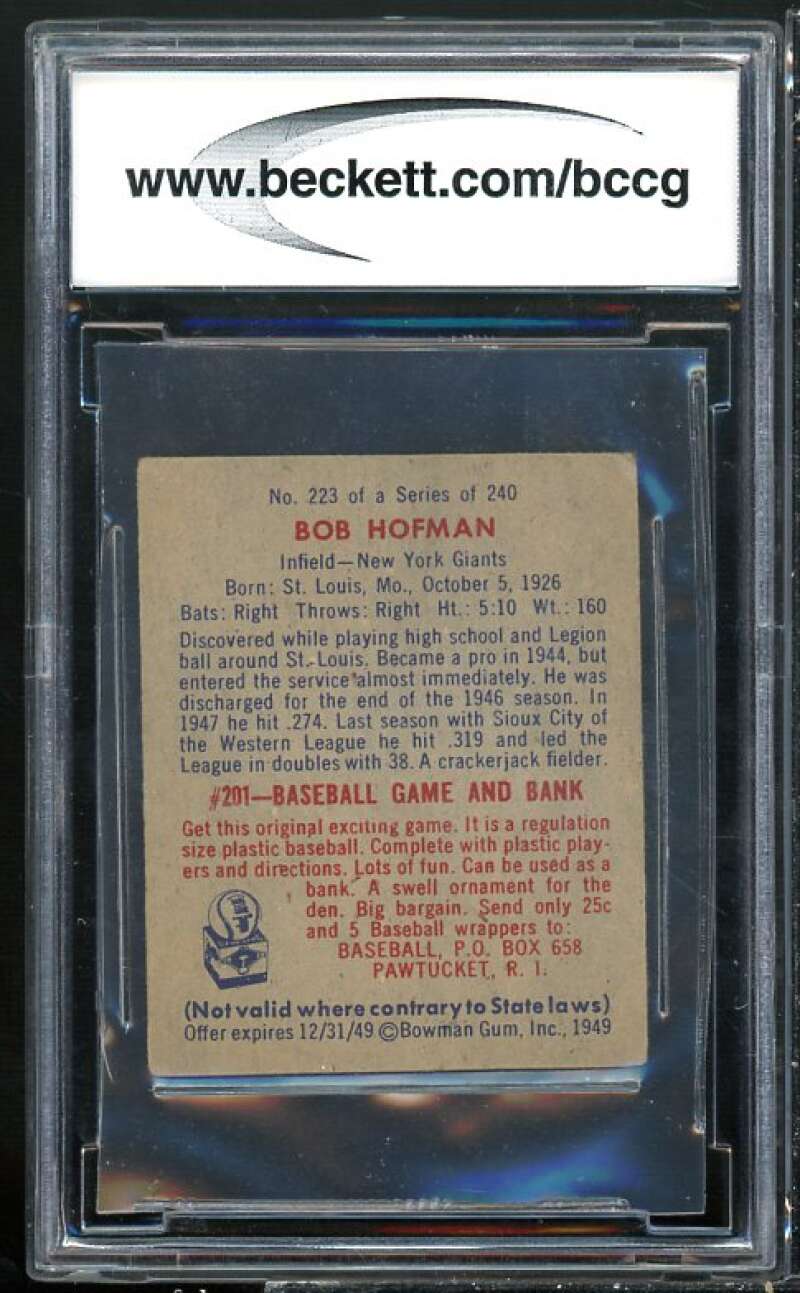 1949 Bowman #223 Bobby Hofman Card BGS BCCG 8 Excellent+ Image 2