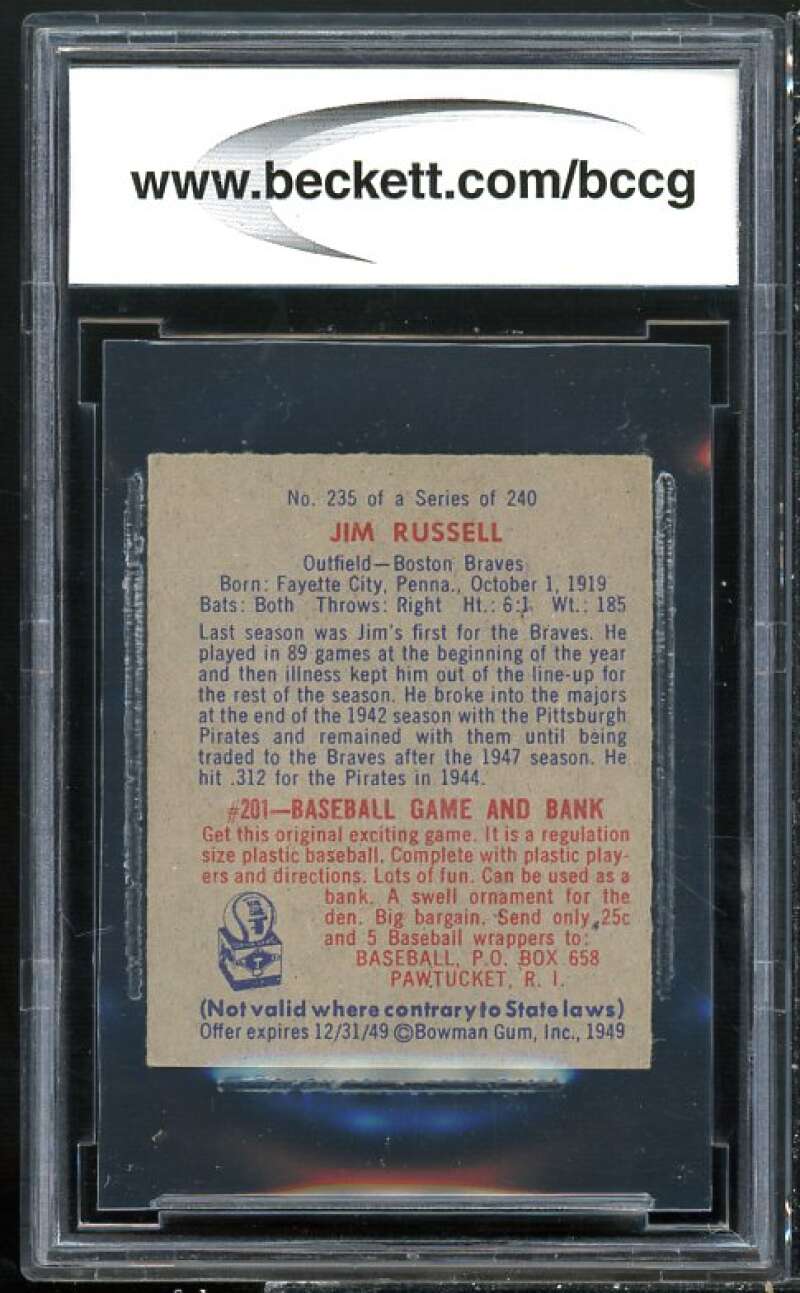 1949 Bowman #235 Jim Russell Card BGS BCCG 9 Near Mint+ Image 2