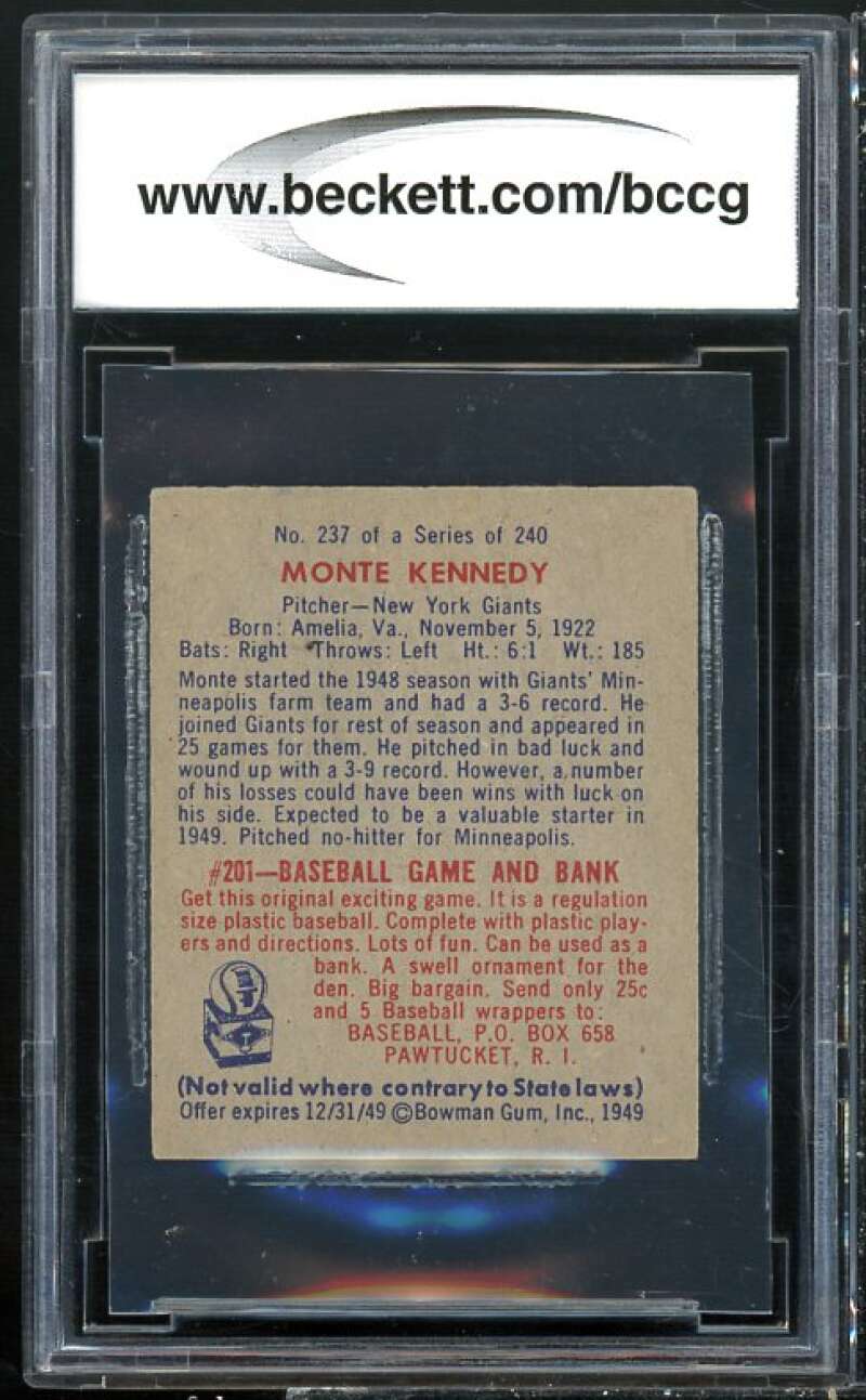 1949 Bowman #237 Monte Kennedy Card BGS BCCG 8 Excellent+ Image 2