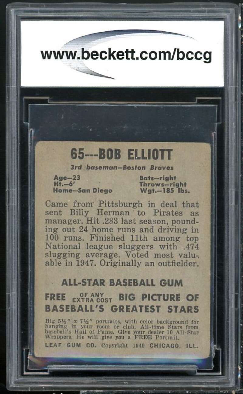 1949 Leaf #65 Bob Elliot Card BGS BCCG 7 Very Good+ Image 2