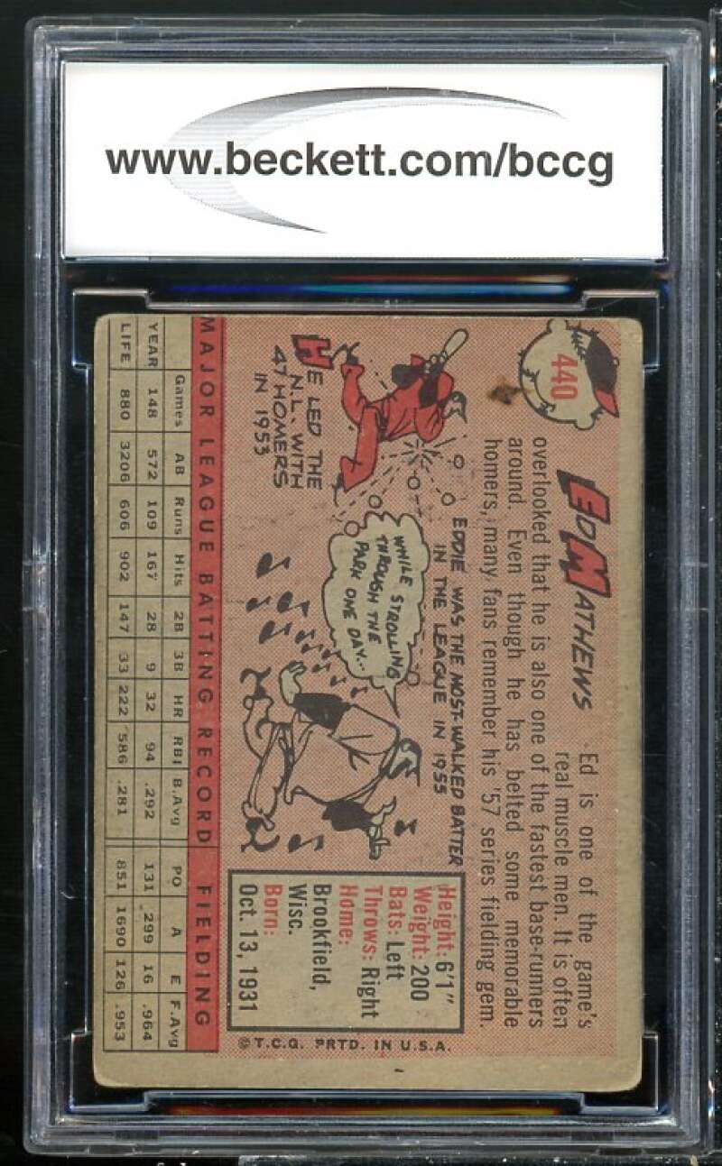 1958 Topps #440 Ed Mathews Card BGS BCCG 7 Very Good+ Image 2