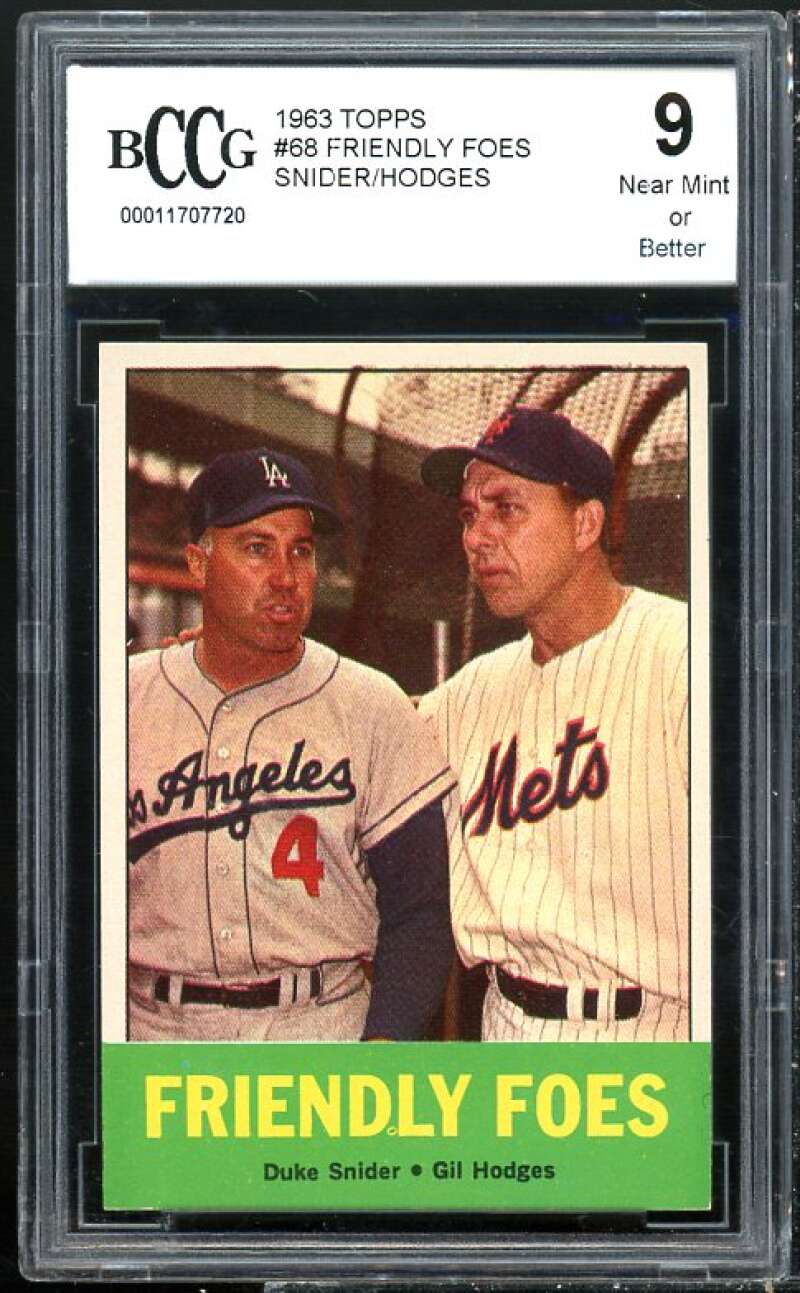 1963 Topps #68 Gil Hodges / Duke Snider Friendly Foes Card BGS BCCG 9 Near Mint+ Image 1