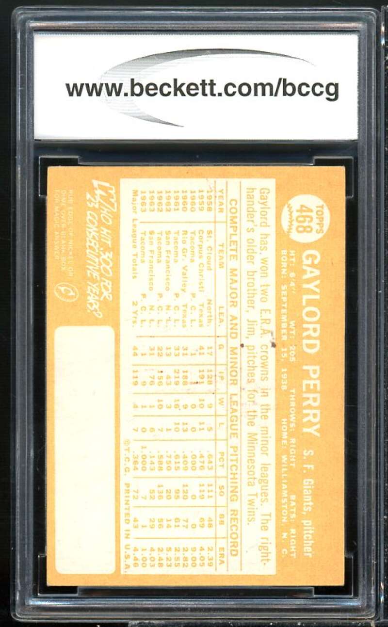 1964 Topps #468 Gaylord Perry Card BGS BCCG 8 Excellent+ Image 2