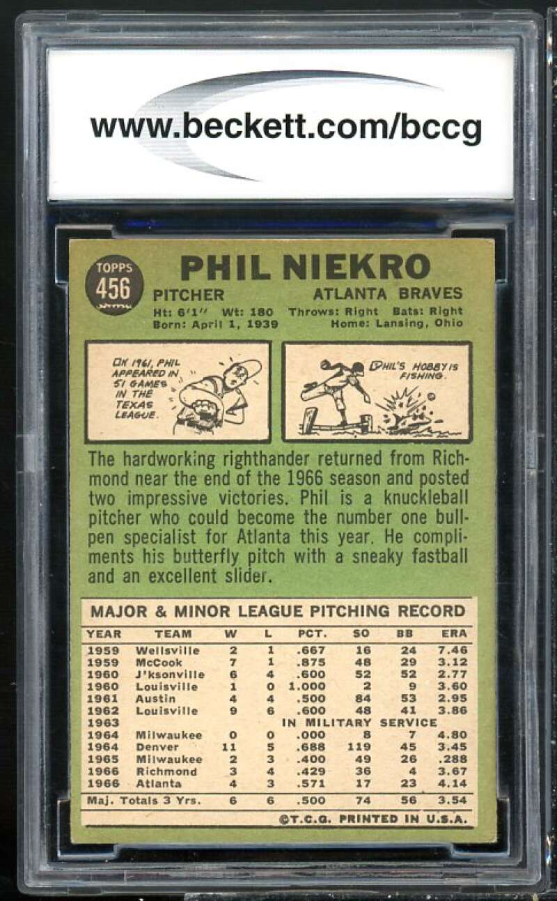 1967 Topps #456 Phil Niekro Card BGS BCCG 9 Near Mint+ Image 2