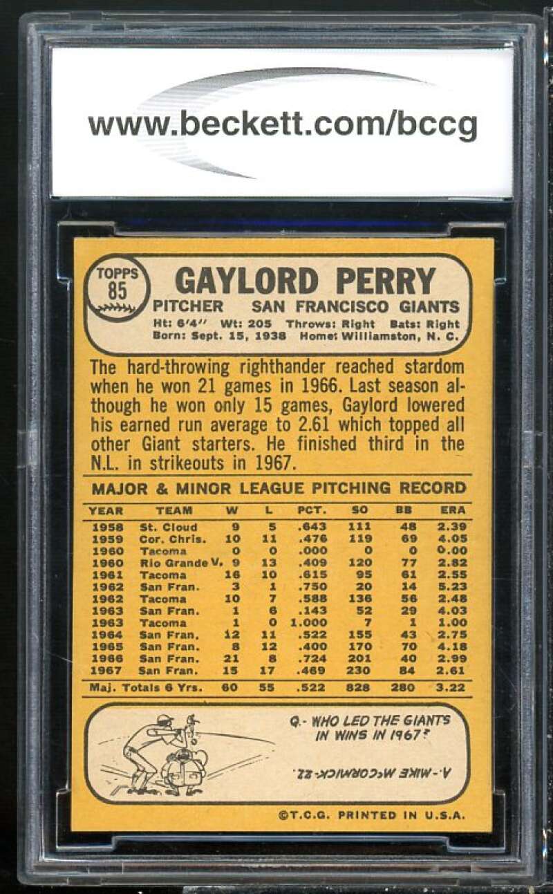 1968 Topps #85 Gaylord Perry Card BGS BCCG 9 Near Mint+ Image 2